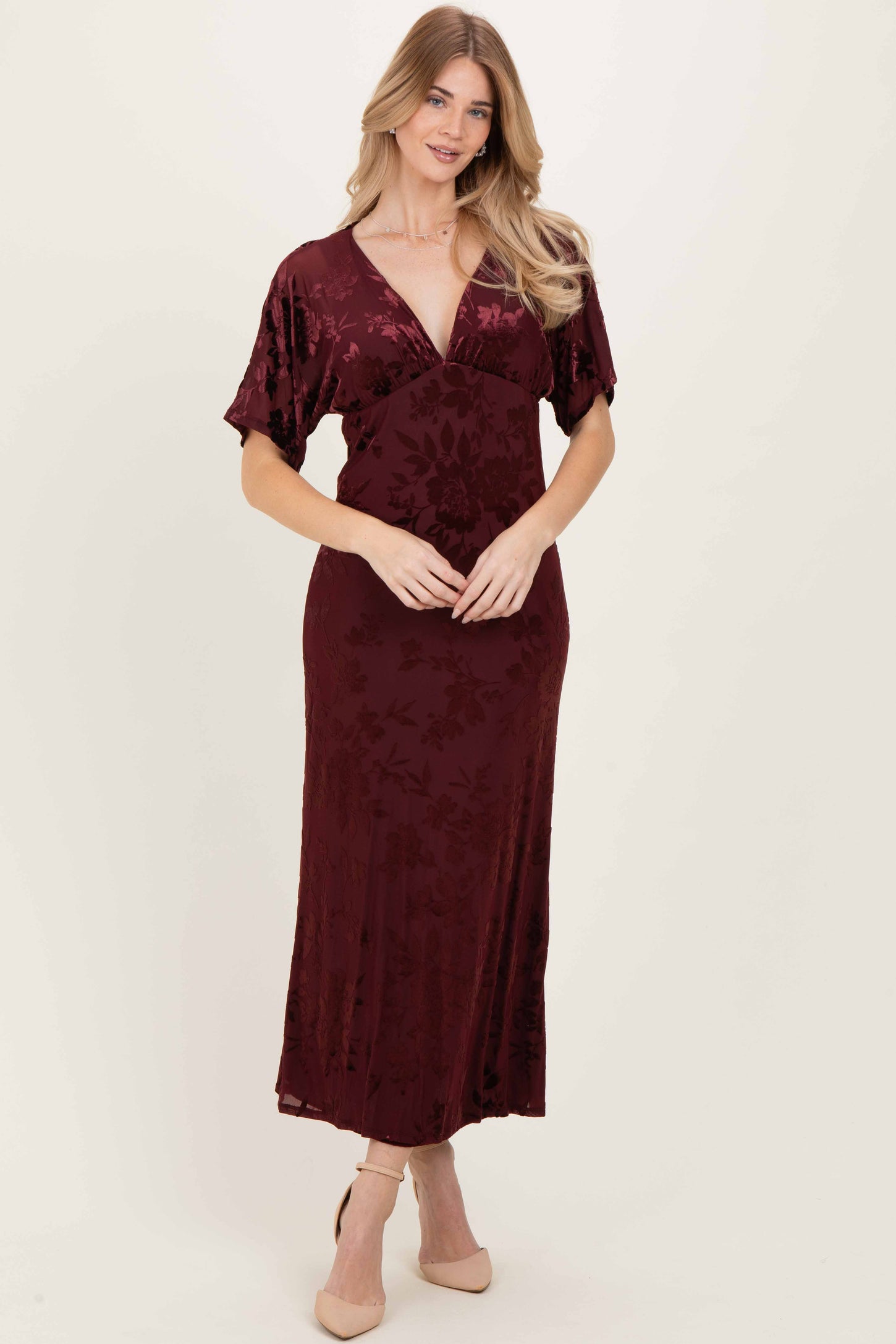 Burgundy Floral Velvet V-Neck Short Sleeve Maxi Dress
