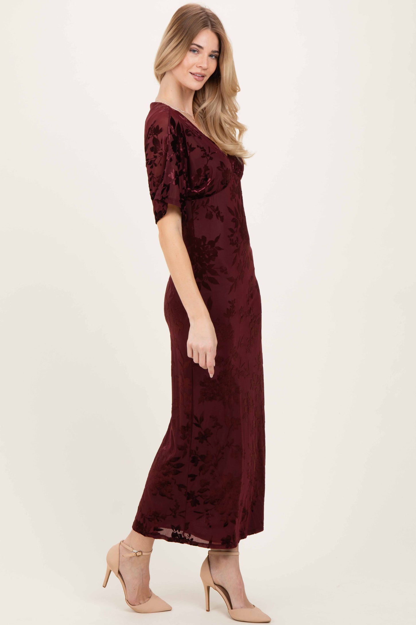 Burgundy Floral Velvet V-Neck Short Sleeve Maxi Dress
