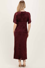 Burgundy Floral Velvet V-Neck Short Sleeve Maxi Dress