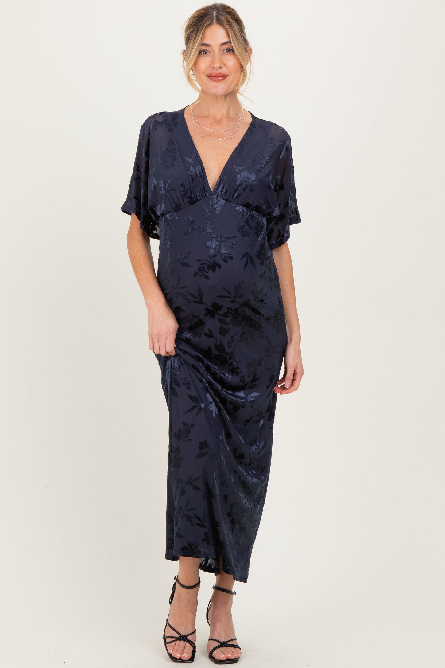 Navy Floral Velvet V-Neck Short Sleeve Maternity Maxi Dress