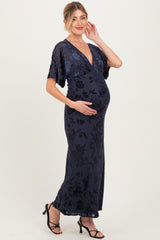 Navy Floral Velvet V-Neck Short Sleeve Maternity Maxi Dress