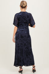 Navy Floral Velvet V-Neck Short Sleeve Maternity Maxi Dress