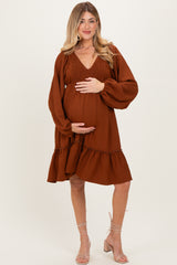 Brown Long Sleeve V-Neck Tiered Maternity Midi Dress