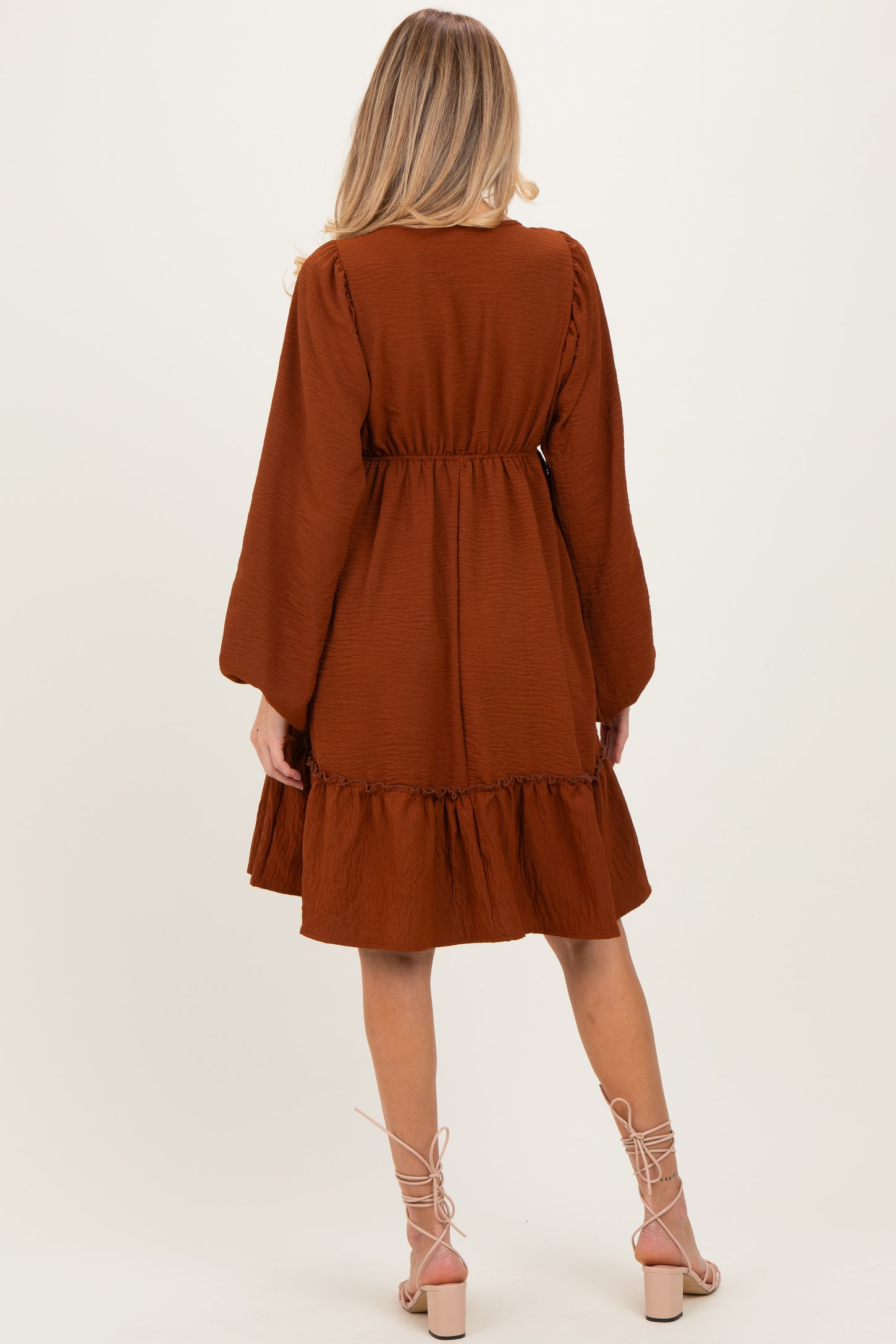 Brown Long Sleeve V-Neck Tiered Maternity Midi Dress