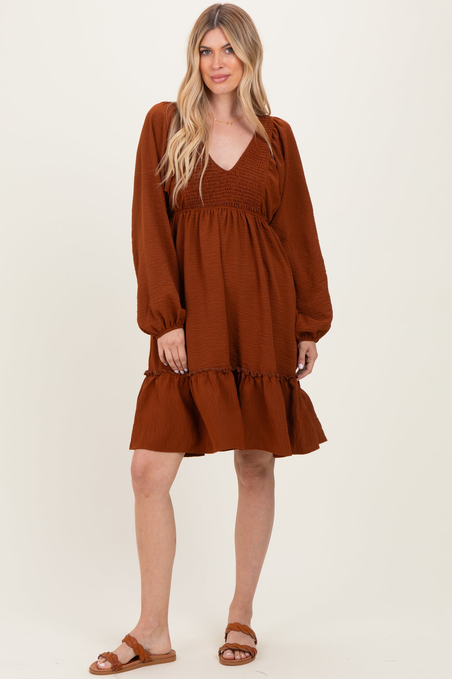 Brown Long Sleeve V-Neck Tiered Maternity Midi Dress