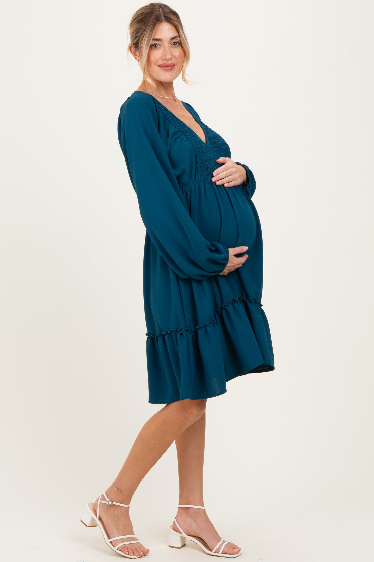 Dark Teal Long Sleeve V-Neck Tiered Maternity Midi Dress – PinkBlush