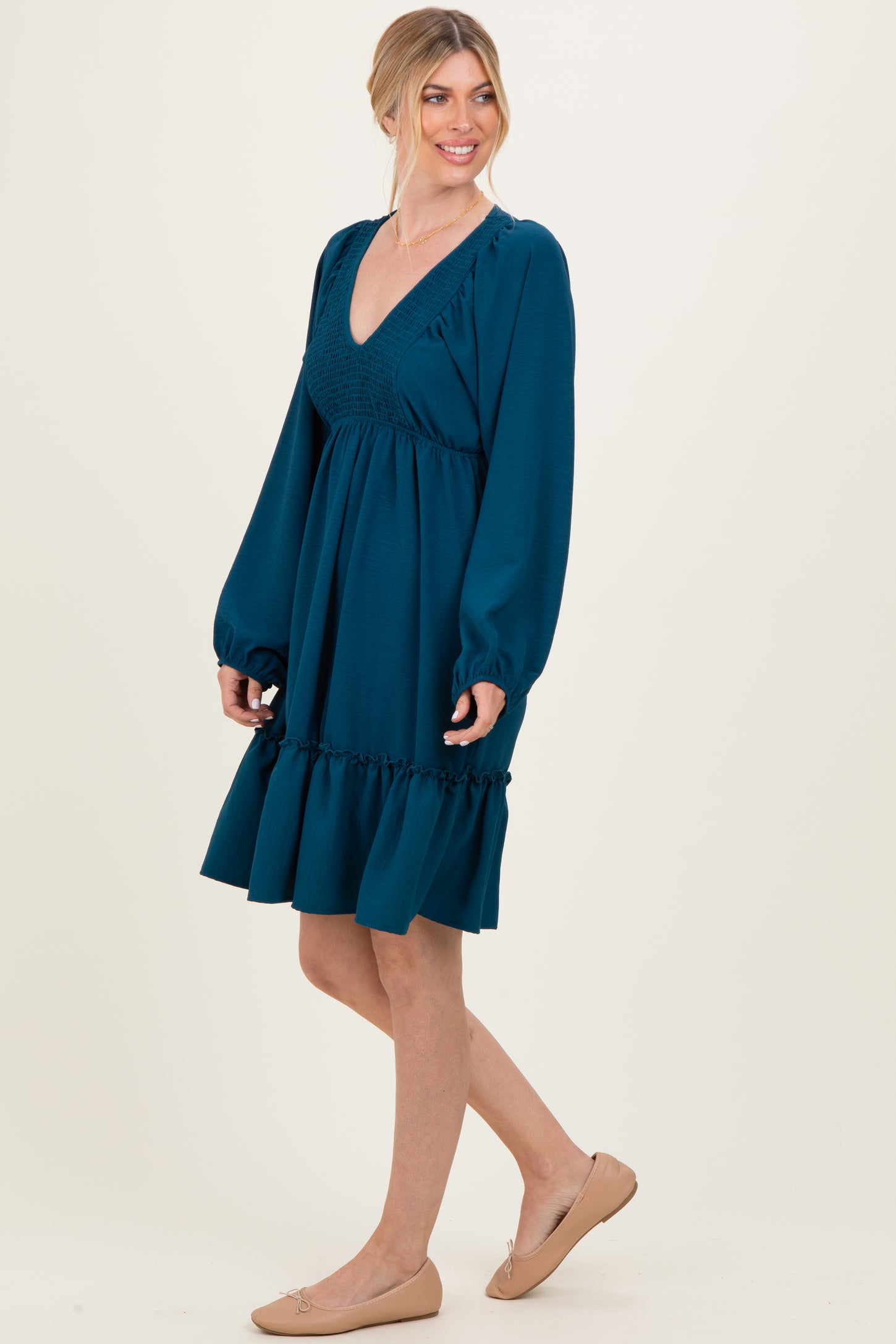 Dark Teal Long Sleeve V-Neck Tiered Midi Dress