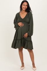 Olive Long Sleeve V-Neck Tiered Maternity Midi Dress
