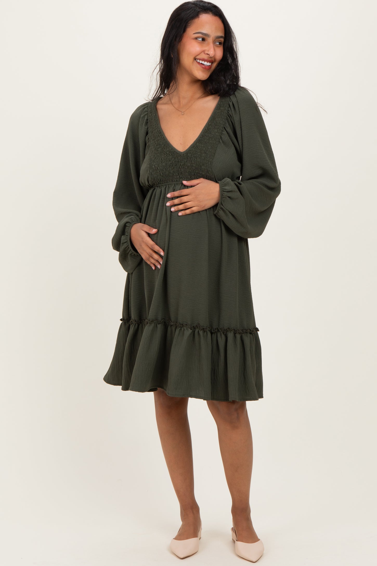 Olive Long Sleeve V-Neck Tiered Maternity Midi Dress