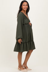 Olive Long Sleeve V-Neck Tiered Maternity Midi Dress