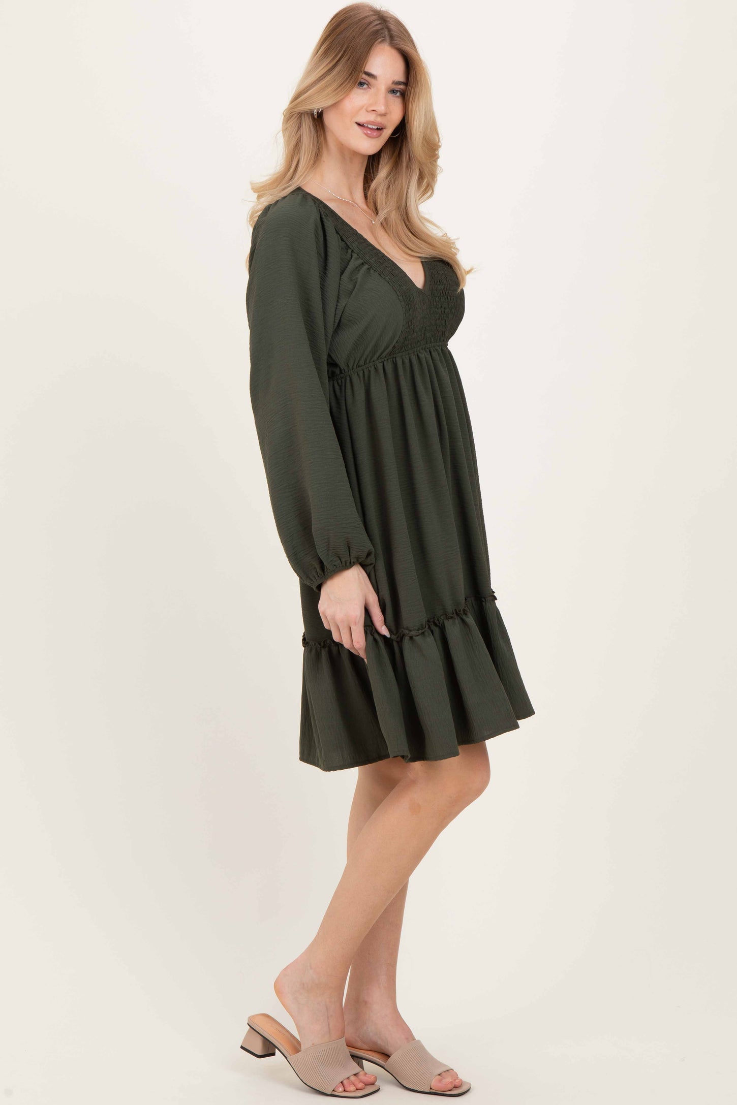 Olive Long Sleeve V-Neck Tiered Midi Dress