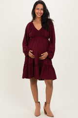 Burgundy Long Sleeve V-Neck Tiered Maternity Midi Dress
