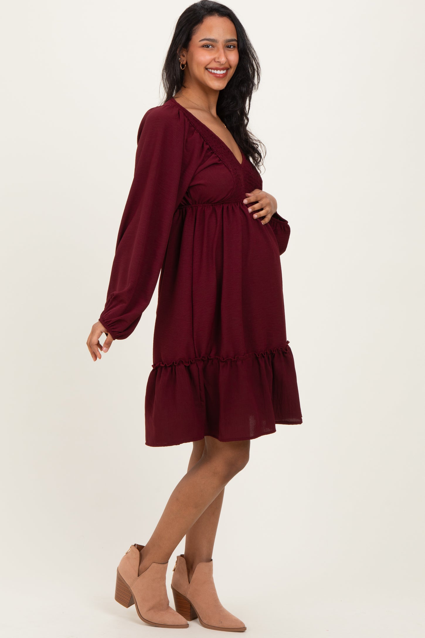 Burgundy Long Sleeve V-Neck Tiered Maternity Midi Dress