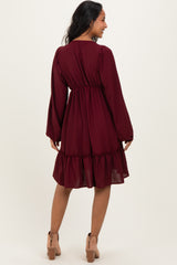 Burgundy Long Sleeve V-Neck Tiered Maternity Midi Dress