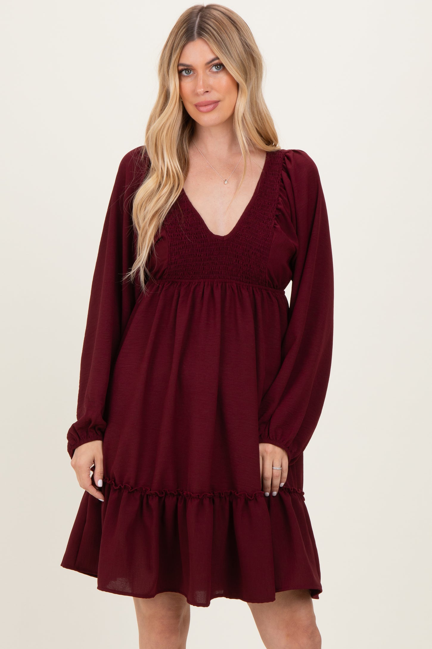 Burgundy Long Sleeve V-Neck Tiered Midi Dress – PinkBlush