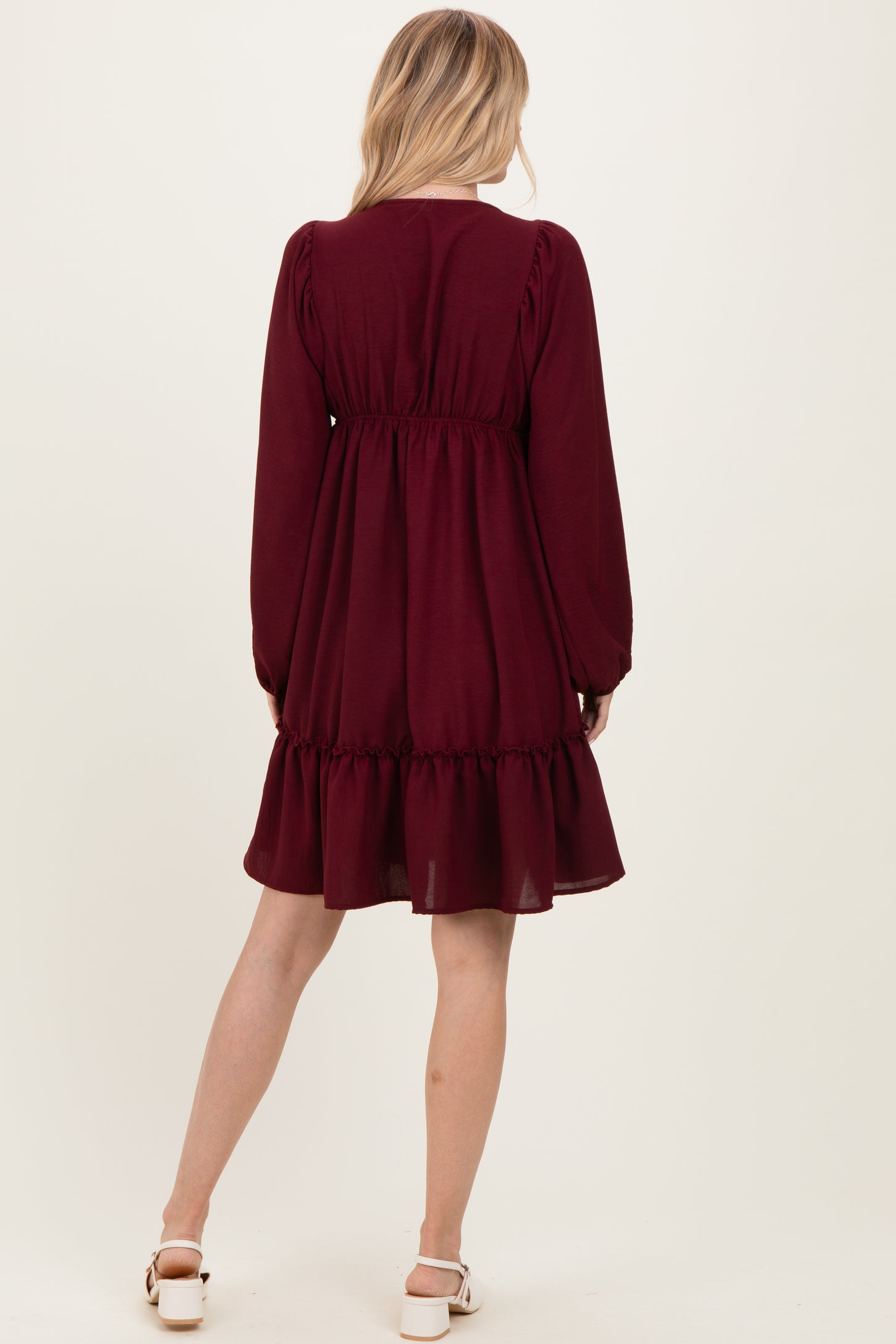 Burgundy Long Sleeve V-Neck Tiered Midi Dress