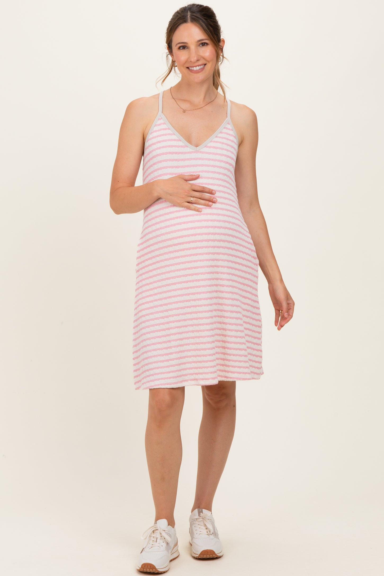 Cream/ Pink Striped Sleeveless Halter Maternity Mini Dress – PinkBlush