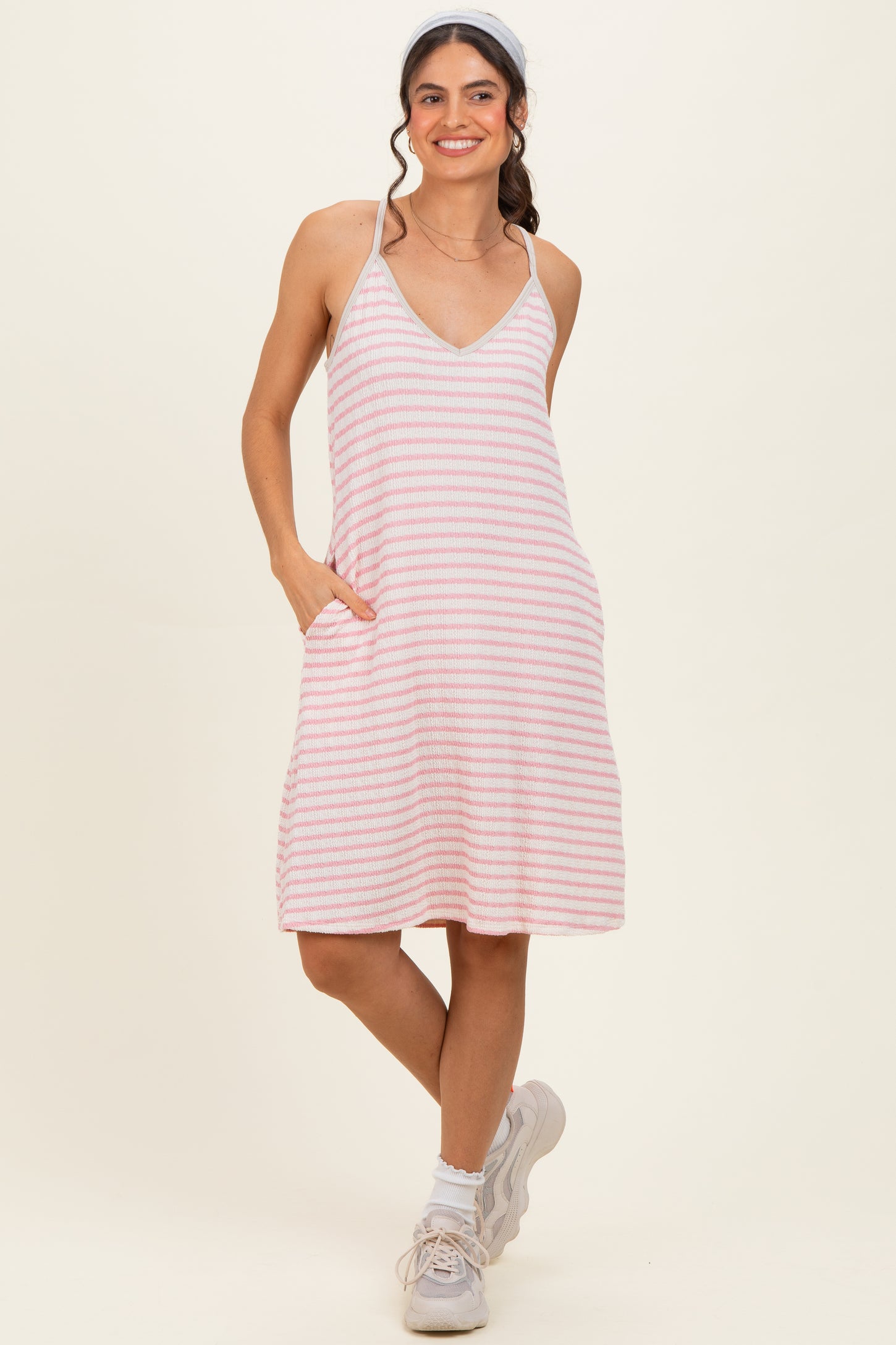 Cream/ Pink Striped Sleeveless Halter Mini Dress