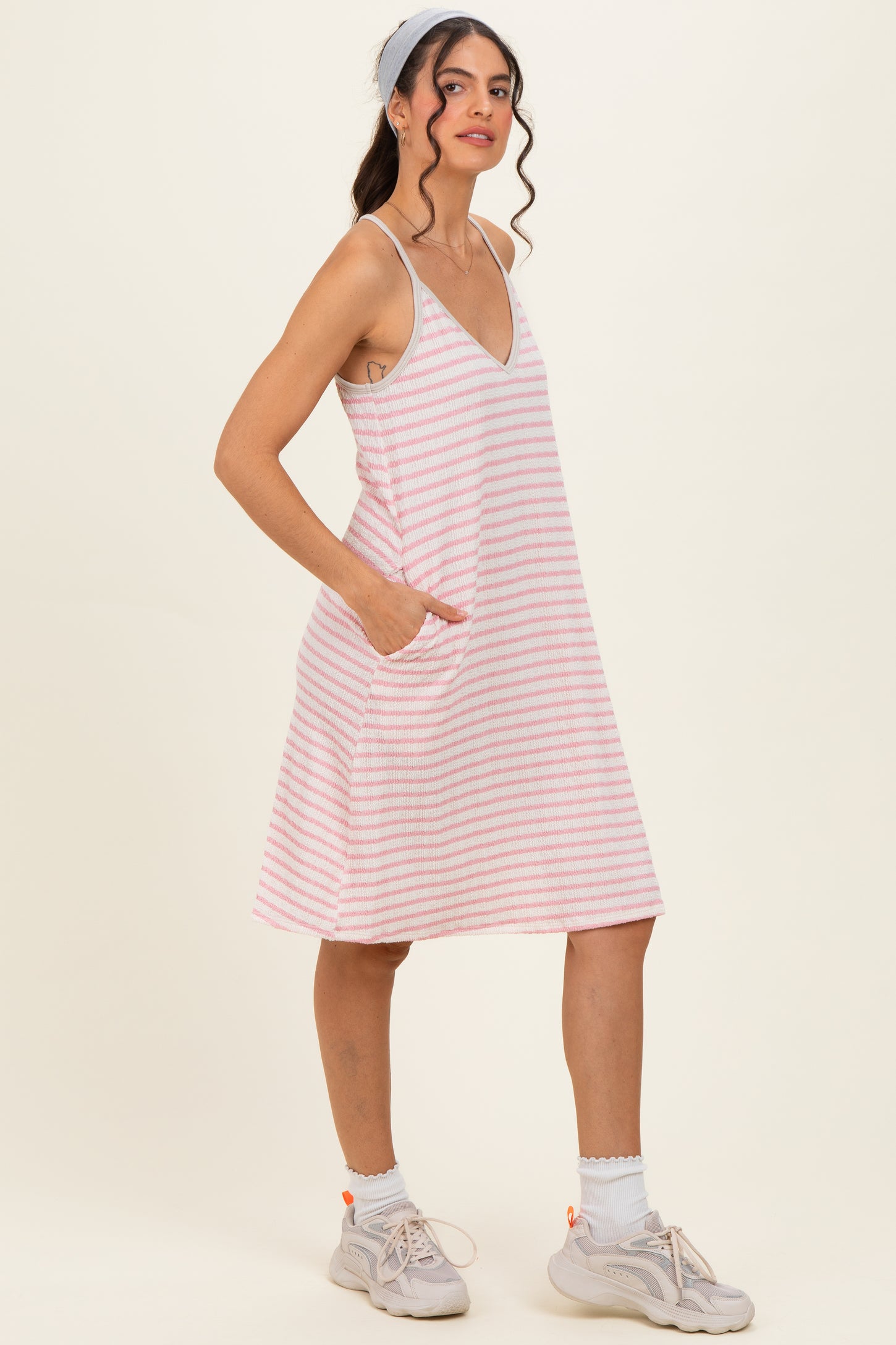 Cream/ Pink Striped Sleeveless Halter Mini Dress