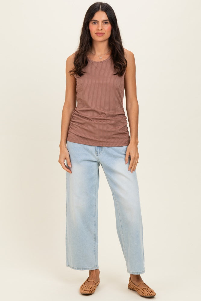 Mocha Ribbed Sleeveless Ruched Top