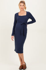 Navy Ribbed Long Sleeve Square Neck Tie Belt Maternity Midi Dress