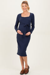 Navy Ribbed Long Sleeve Square Neck Tie Belt Maternity Midi Dress