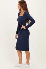 Navy Ribbed Long Sleeve Square Neck Tie Belt Midi Dress