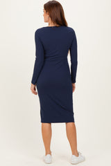 Navy Ribbed Long Sleeve Square Neck Tie Belt Midi Dress