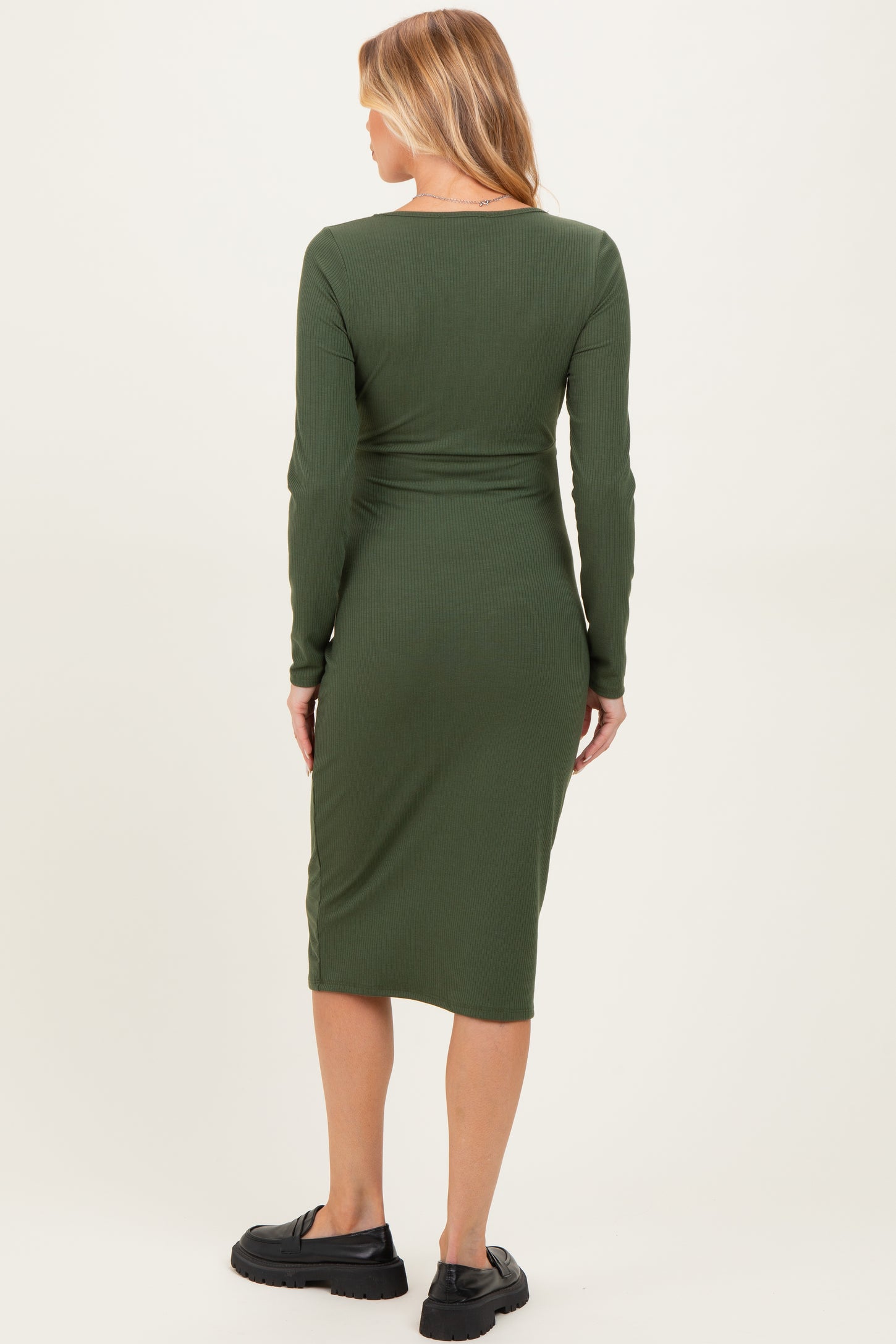 Olive Ribbed Long Sleeve Square Neck Tie Belt Maternity Midi Dress