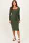 Olive Ribbed Long Sleeve Square Neck Tie Belt Midi Dress