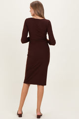 Brown Ribbed Long Sleeve Square Neck Tie Belt Maternity Midi Dress