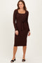 Brown Ribbed Long Sleeve Square Neck Tie Belt Midi Dress