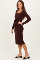 Brown Ribbed Long Sleeve Square Neck Tie Belt Midi Dress