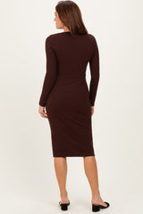 Brown Ribbed Long Sleeve Square Neck Tie Belt Midi Dress