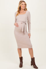 Beige Ribbed Long Sleeve Square Neck Tie Belt Maternity Midi Dress
