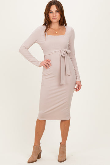 Beige Ribbed Long Sleeve Square Neck Tie Belt Midi Dress