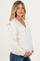 Ivory Stitch Detail V-Neck Oversized Maternity Sweater