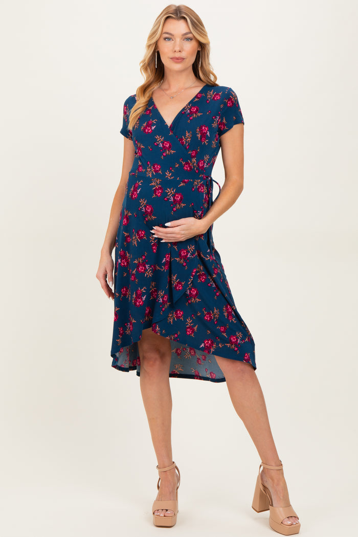 Navy Floral Maternity/Nursing Wrap Midi Dress