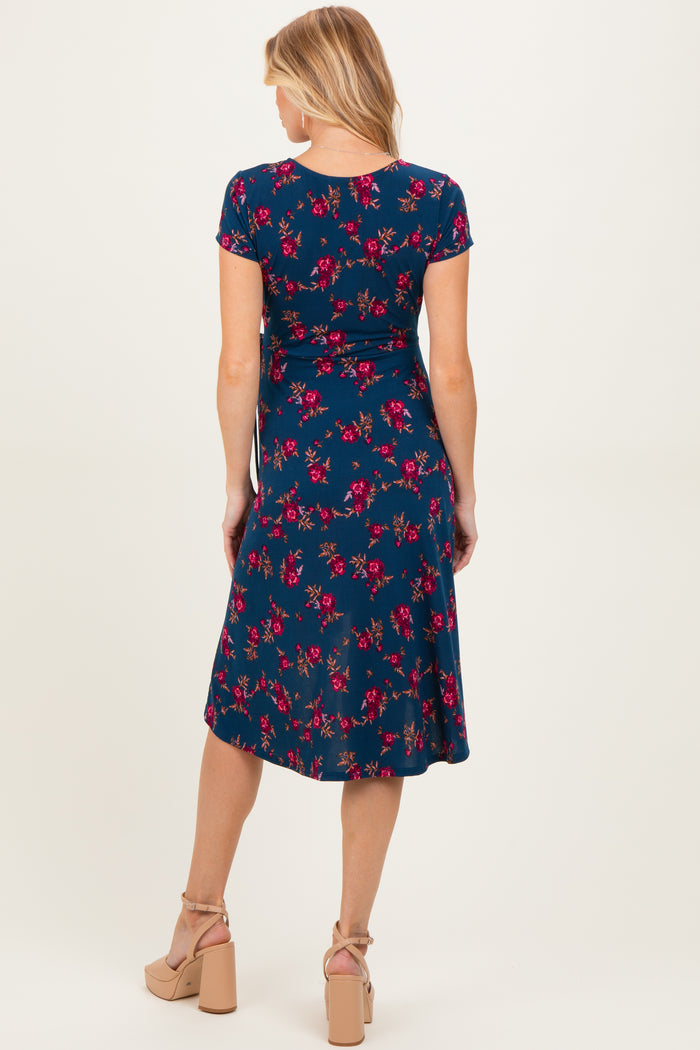 Navy Floral Maternity/Nursing Wrap Midi Dress