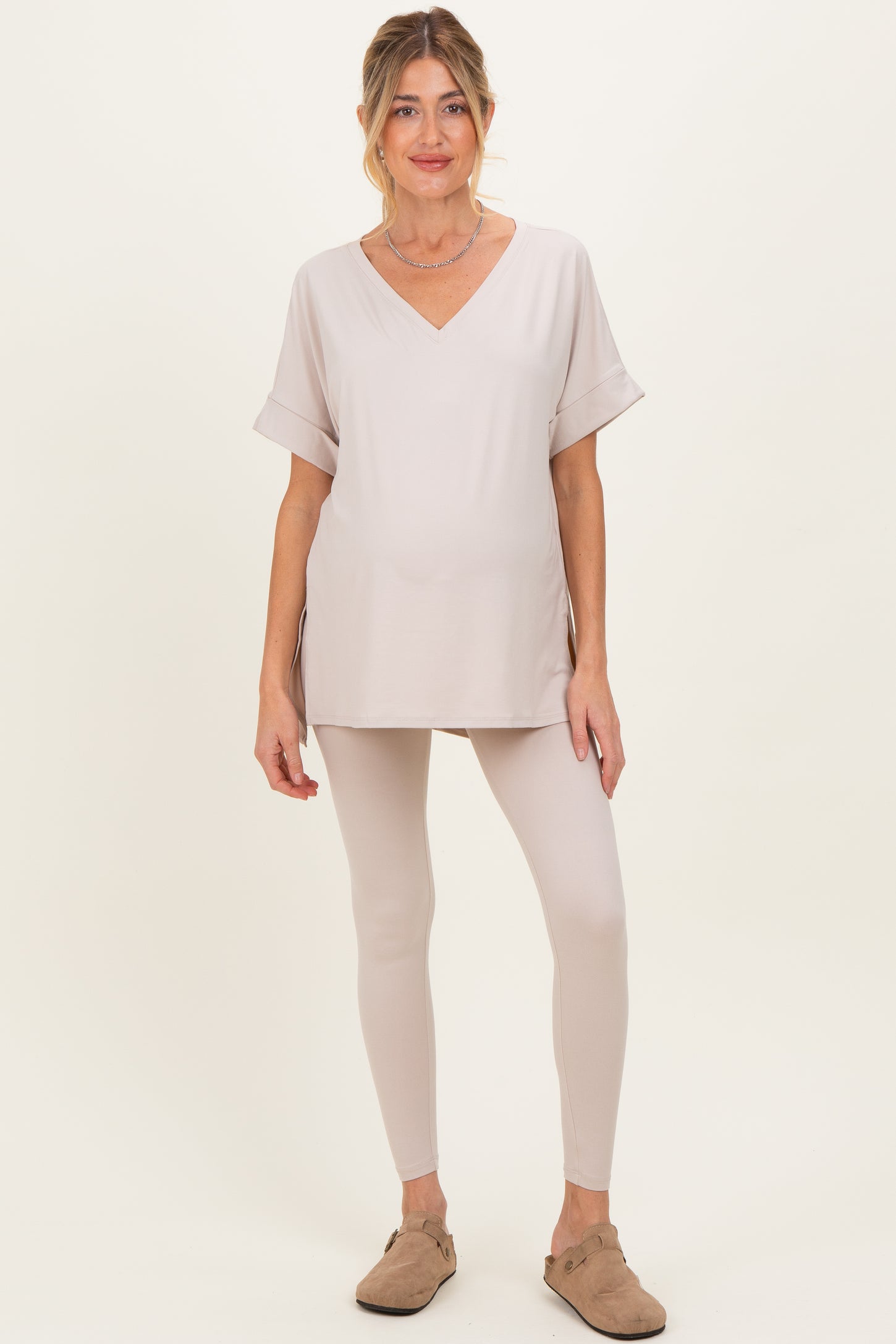 Sand Oversized V-Neck Tee Legging Maternity Lounge Set
