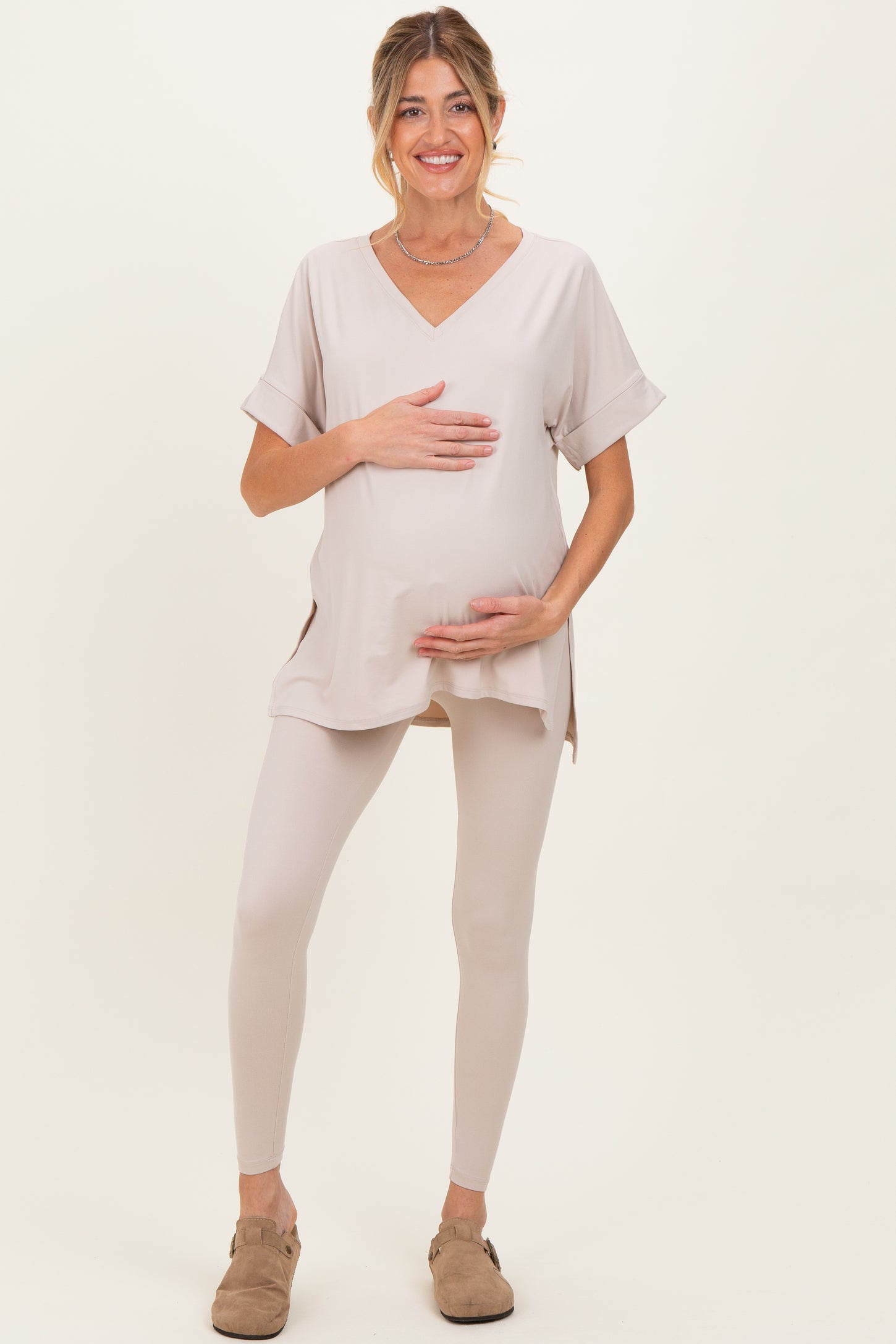 Sand Oversized V-Neck Tee Legging Maternity Lounge Set