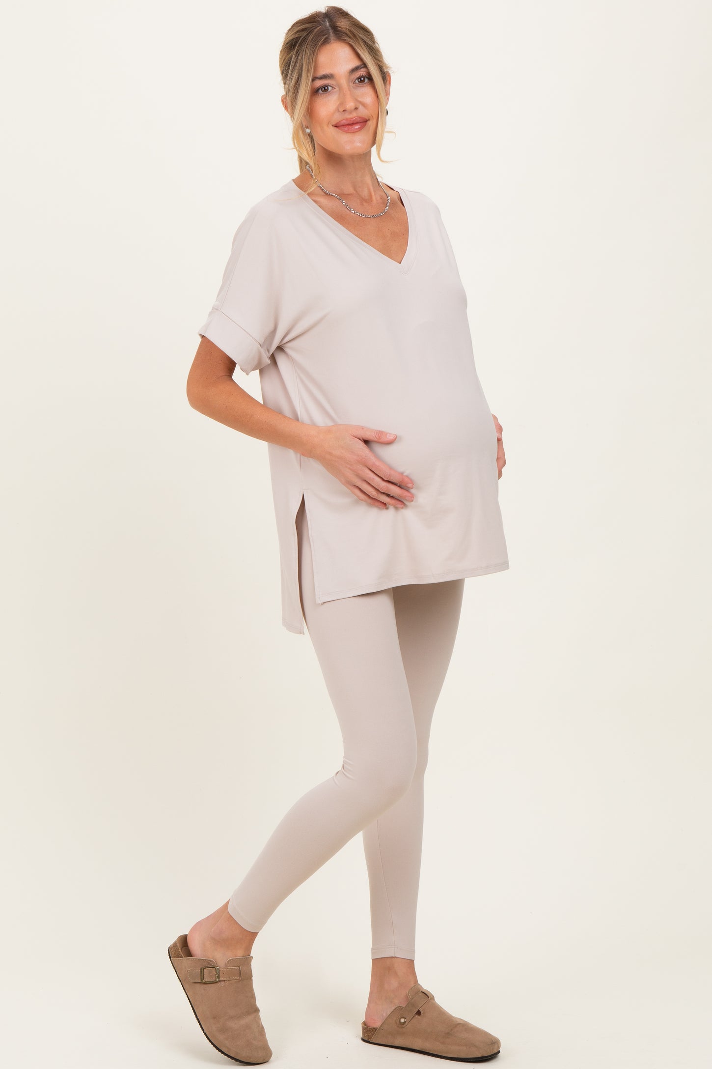 Sand Oversized V-Neck Tee Legging Maternity Lounge Set