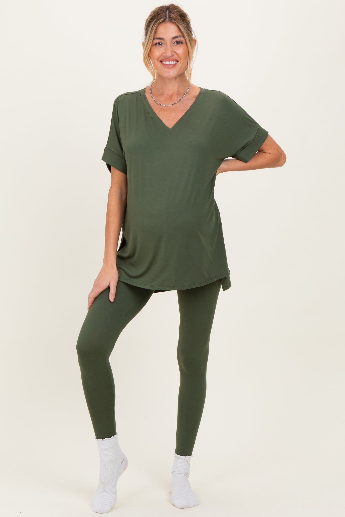 Olive Oversized V-Neck Tee Legging Maternity Lounge Set