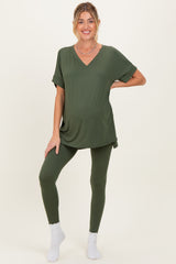 Olive Oversized V-Neck Tee Legging Maternity Lounge Set