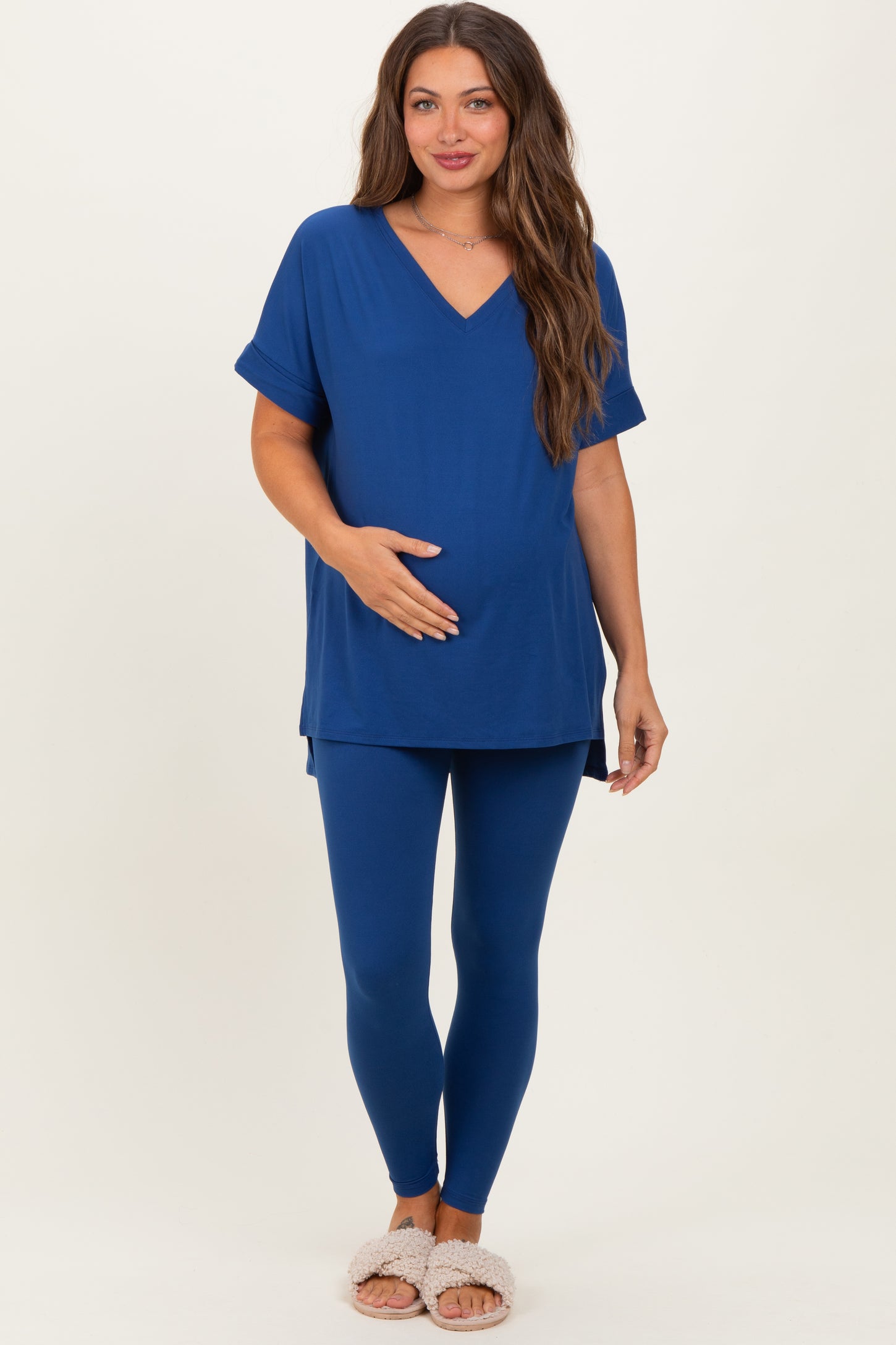 Navy Oversized V-Neck Tee Legging Maternity Lounge Set