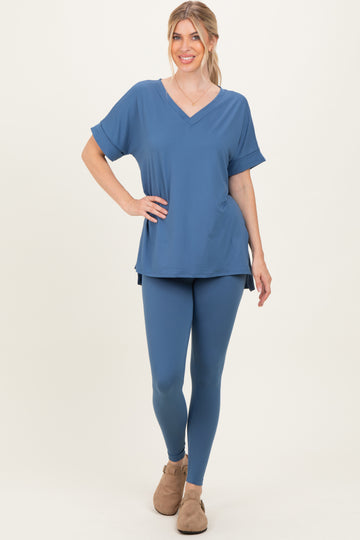 Dusty Blue Oversized V-Neck Tee Legging Lounge Set