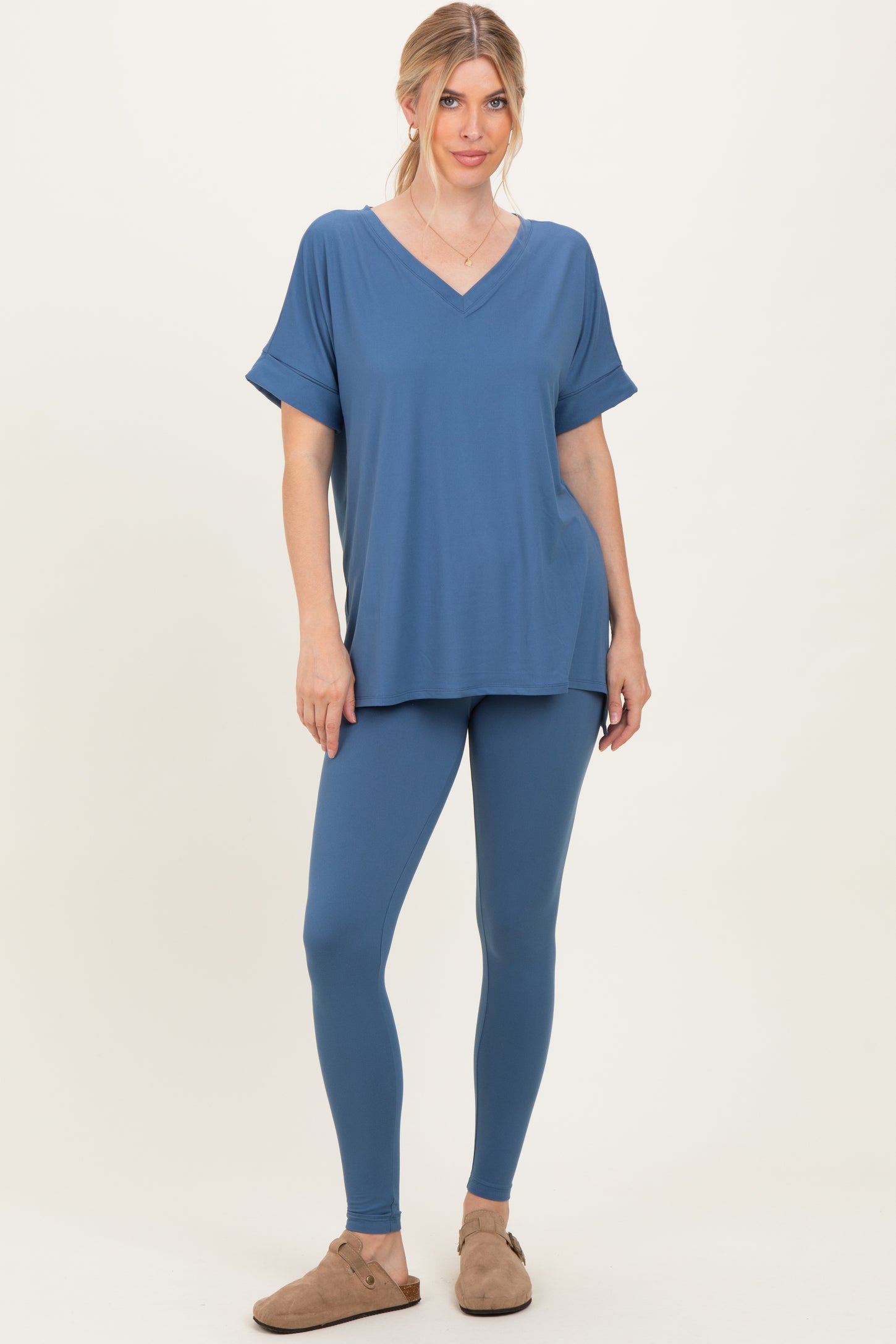 Dusty Blue Oversized V-Neck Tee Legging Lounge Set