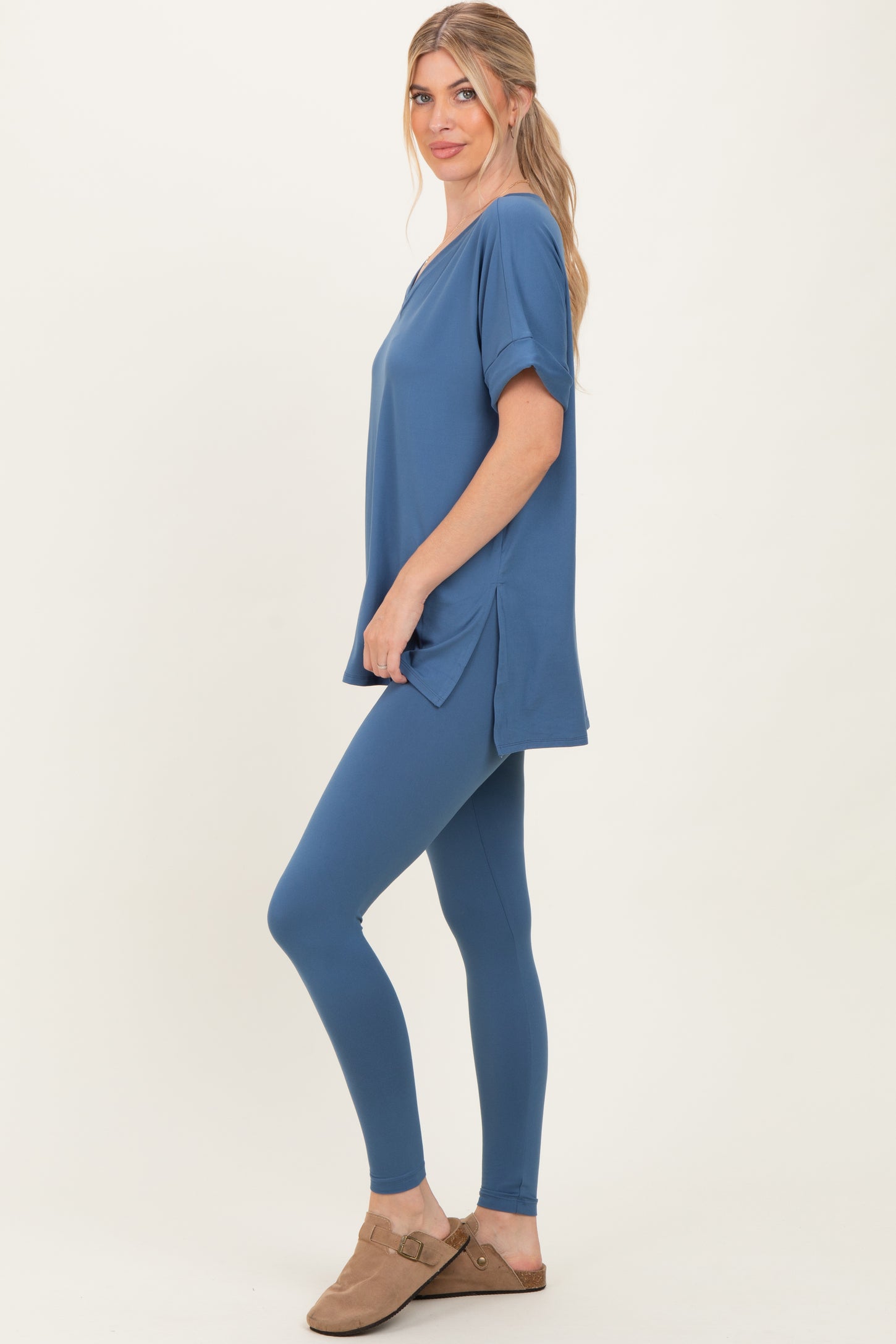 Dusty Blue Oversized V-Neck Tee Legging Lounge Set