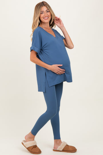 Dusty Blue Oversized V-Neck Tee Legging Maternity Lounge Set