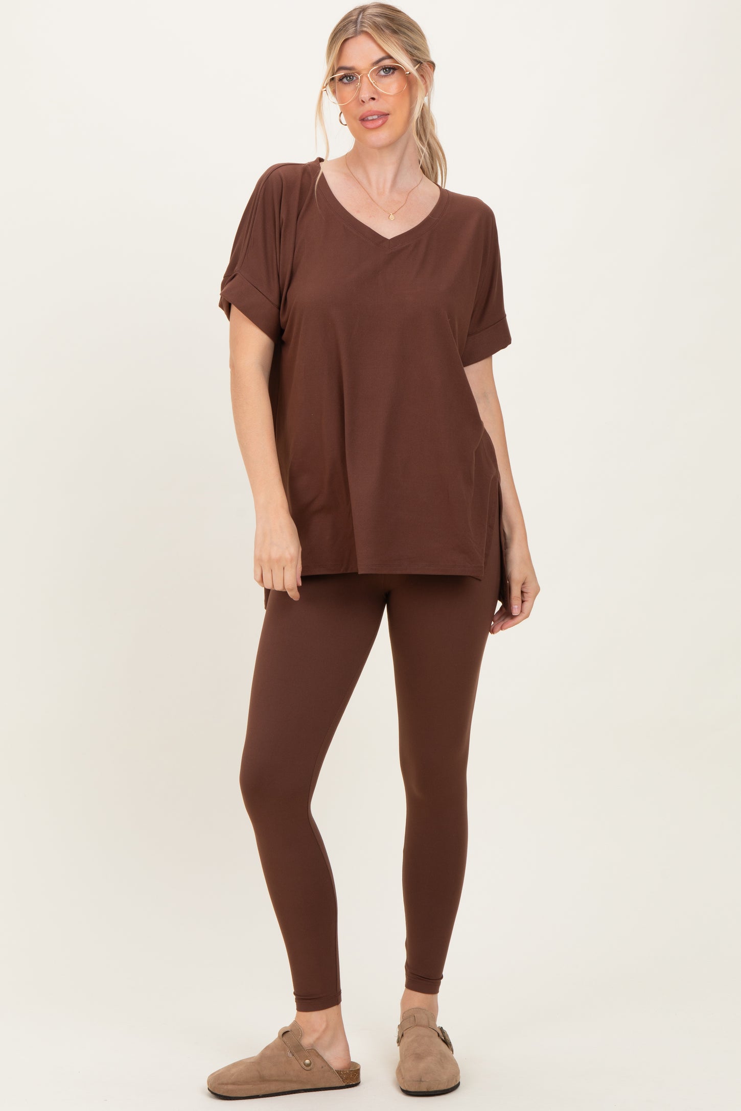 Brown Oversized V-Neck Tee Legging Maternity Lounge Set